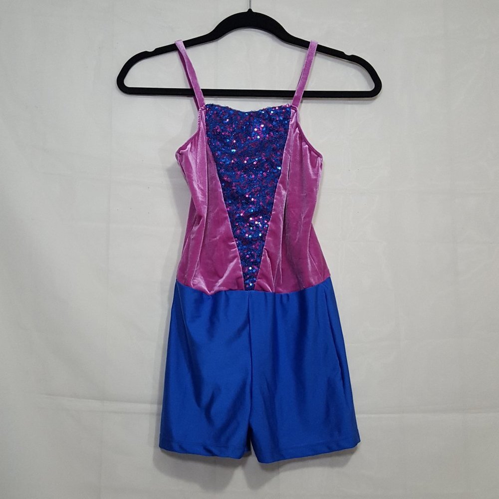 Revolution Dancewear velvet sequins leotard fuchsia blue size XLC